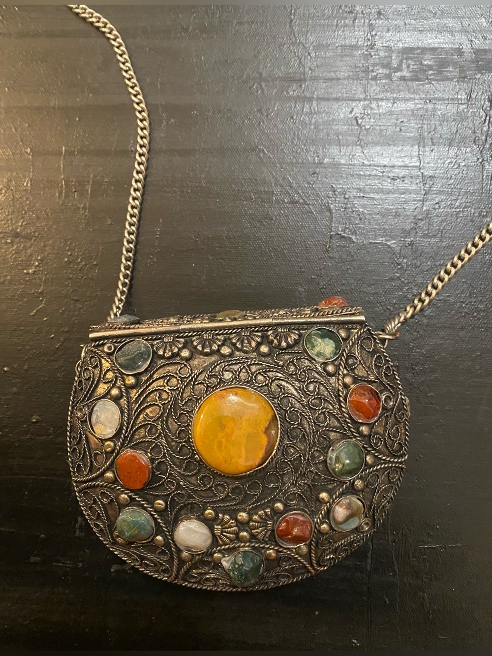Vintage Sajai: Mini, metal purse with natural stones